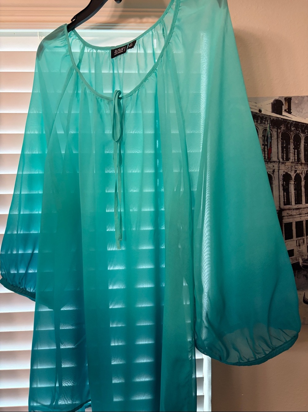 a.n.a Teal Sheer Tie-Neck Peasant Tunic 2X - Picture 12 of 12